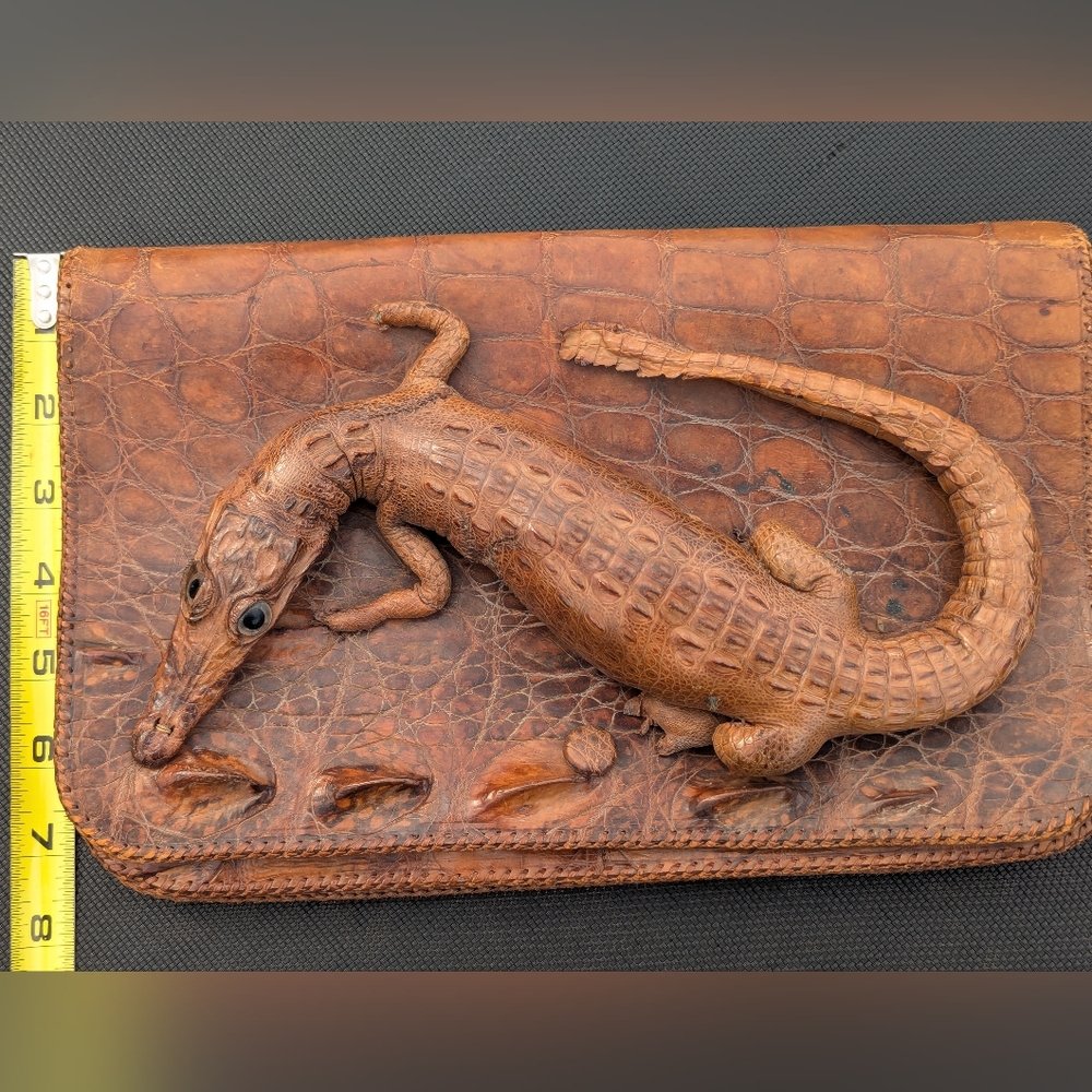 Vintage 1940s Genuine Alligator Crocodile Taxidermy Handbag Purse Brown Bi-fold